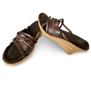 Bass Chianti Strappy Brown Leather Cork Slip-on Wedge Sandals Sz8